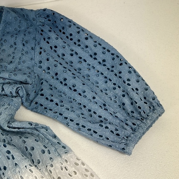 Super Natural Sz L Tiered Eyelet Dress V Neck Blue Ombre V Neck Puff Sleeves - Picture 5 of 13